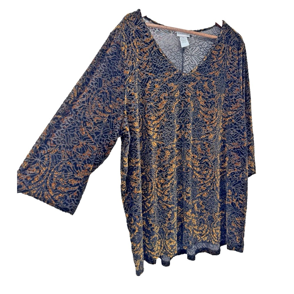 Catherines Plus Size Black Gold Velvet Burnout Blouse 3/4 Sleeve Whimsigoth 2X